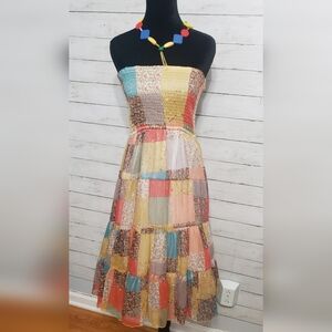 Patchwork Midi Dress Medium Flowy Whimsy Hippie Boho Strapless Wood Bead Neck St